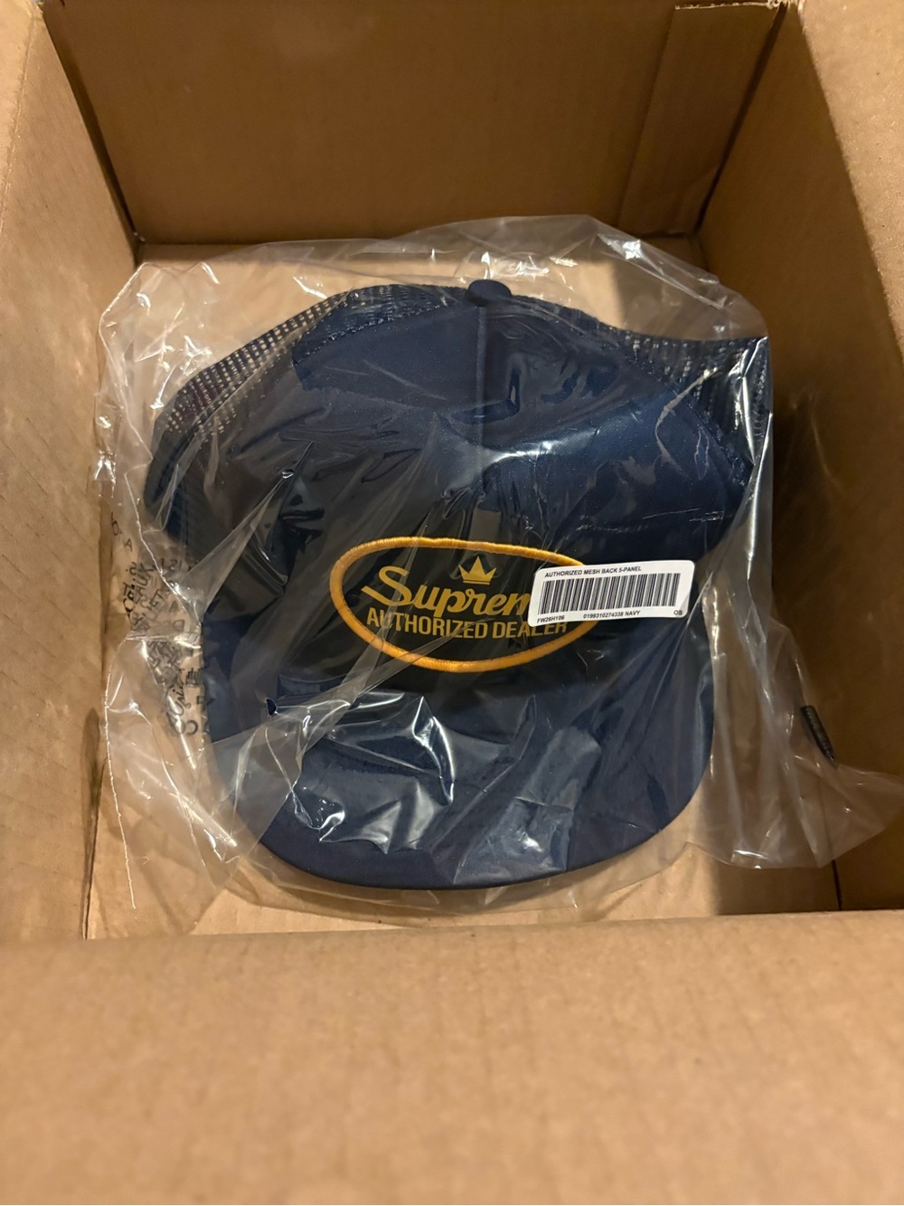 Supreme Navy and Gold Logo Mesh Trucker Cap